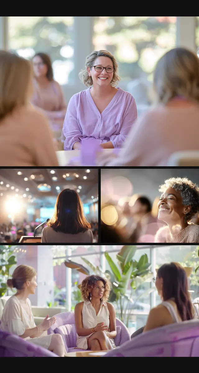 Brand images for Align Therapy: Crystal leading a group, a conference stage and a consultation circle
