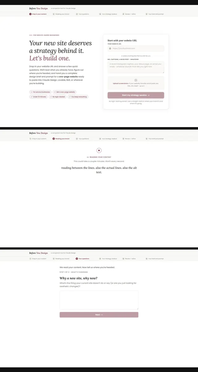 Before You Design, the AI strategy app: its landing page, intake and analysis screens