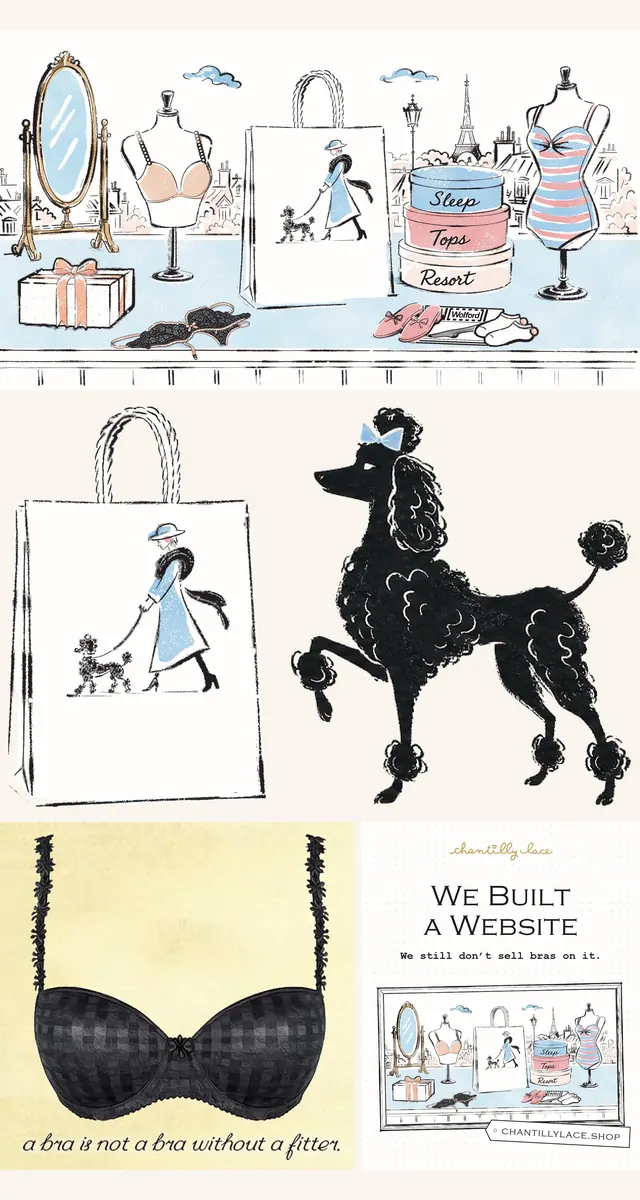 Chantilly Lace illustrations: the shop counter, a shopping bag, a poodle and a painted bra