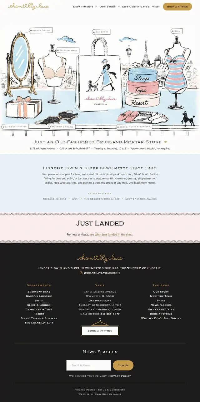 The Chantilly Lace homepage, with its hand-drawn shop counter
