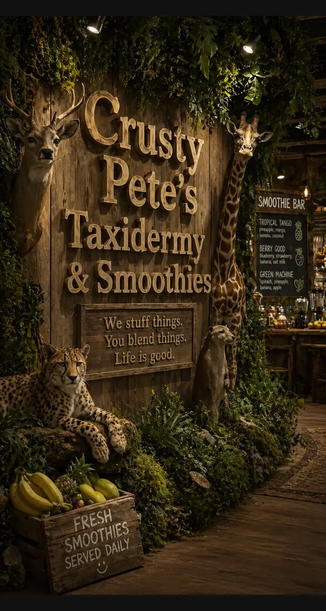 The Crusty Pete's taxidermy and smoothie shop storefront