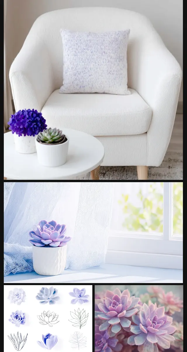 Brand images for Empower Healing: a white armchair, succulents and botanical illustrations