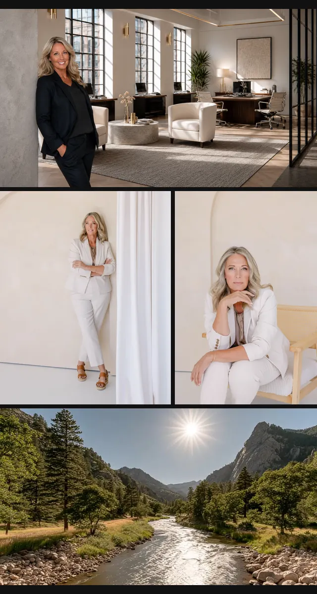 Kim Tomlinson in her office, her brand portraits and a Colorado river valley