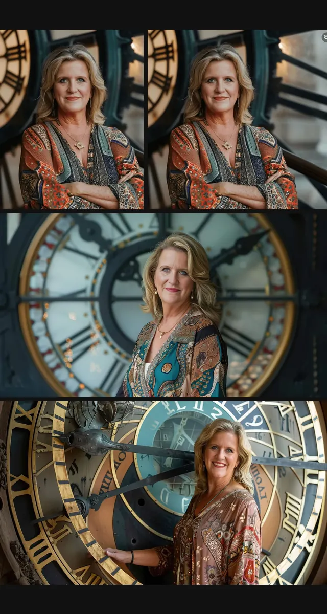Melanie Weller's brand photoshoot, set among clocks and the city at golden hour