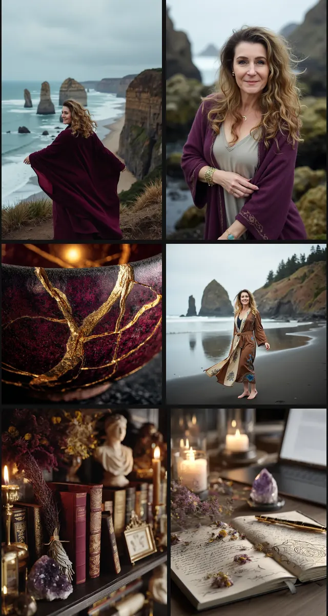 Six images from Pi Winslow's AI brand photoshoot on the coast and at home