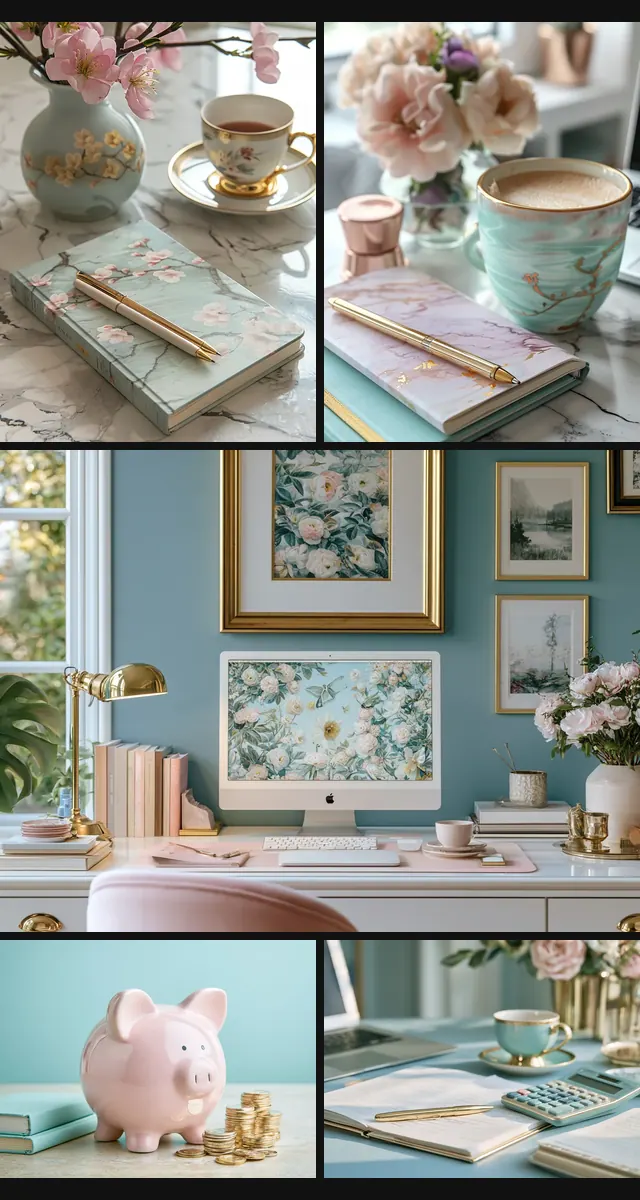 Brand images for Mindfully Aligned Living: tea, a styled office, a piggy bank and a calculator on a pastel desk