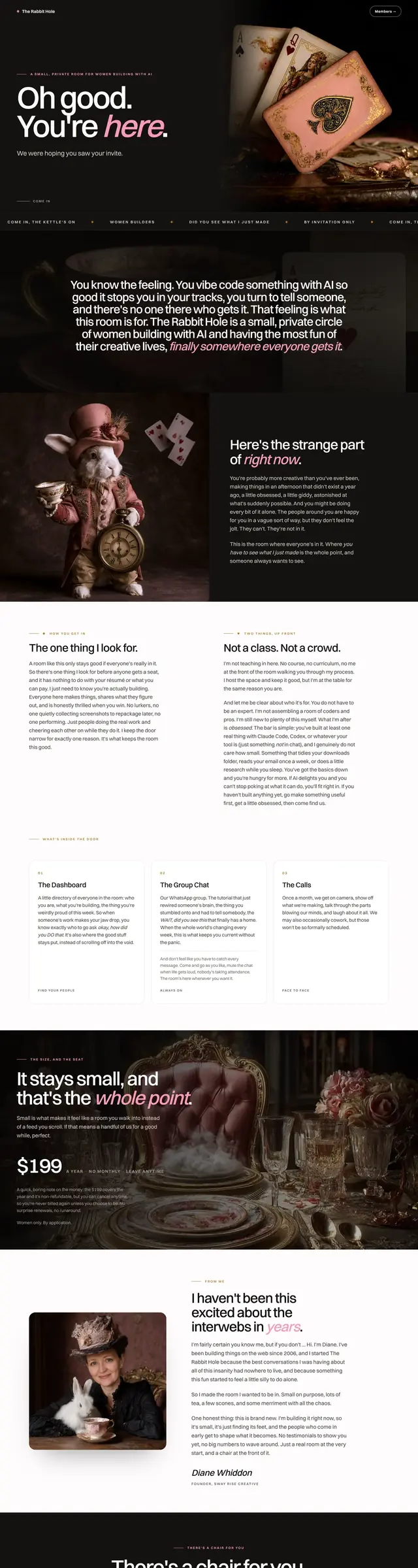 The Rabbit Hole website, with the white rabbit and playing cards
