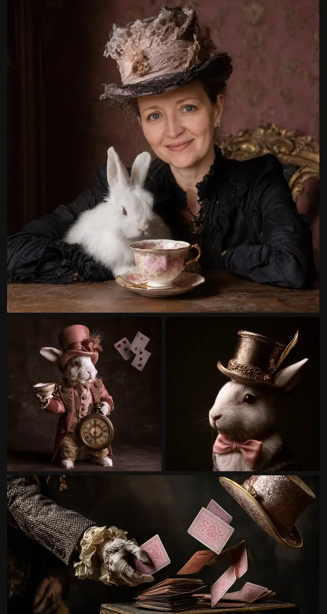 The Rabbit Hole brand world: a Wonderland tea party, the Hatter, a gold top hat and playing cards