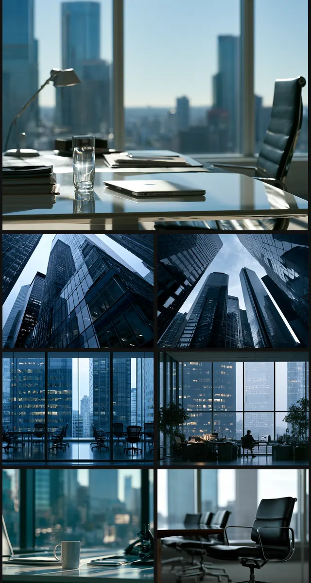 Brand images for Thatcher Consulting: a desk above the city, glass towers and a dark boardroom