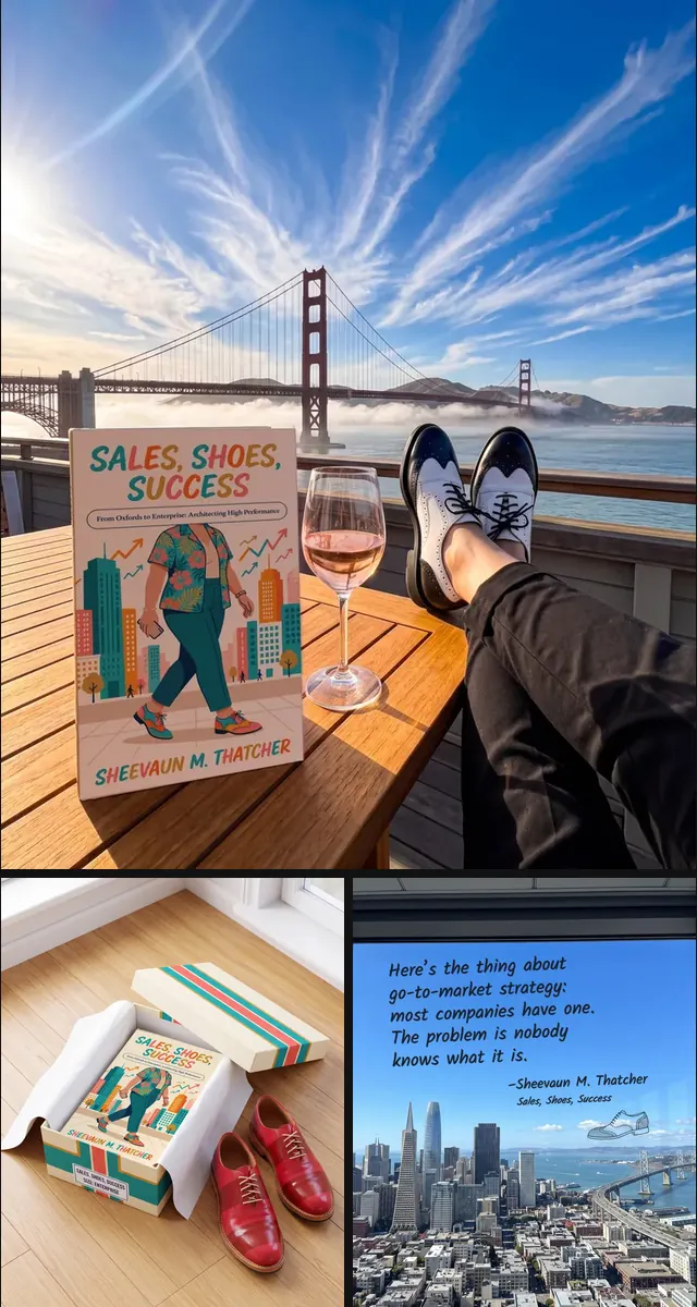 Launch posts for Sheevaun Thatcher's book, Sales, Shoes, Success, including her oxfords propped up above the Golden Gate Bridge