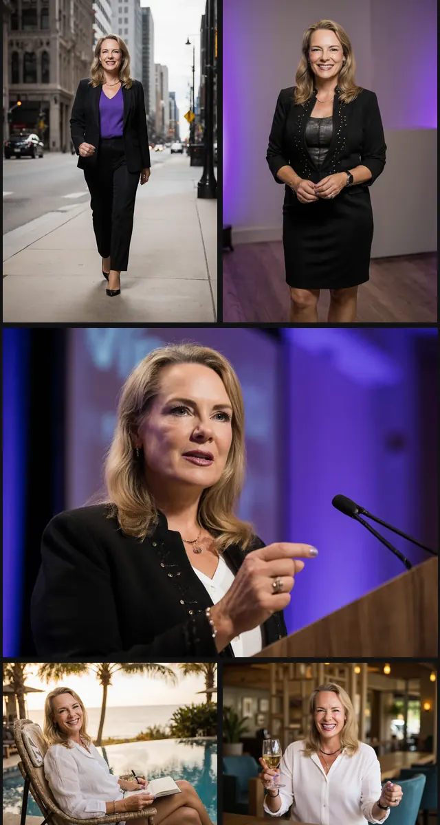 Viveka von Rosen's AI brand photoshoot: on a city street, on stage and by the sea
