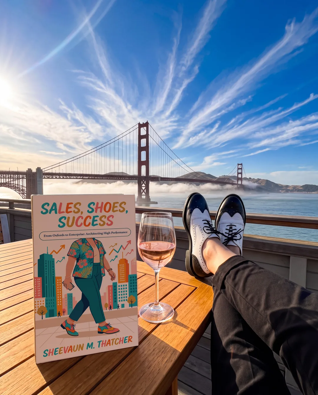 The book Sales, Shoes, Success on a deck above the Golden Gate Bridge beside propped-up oxfords