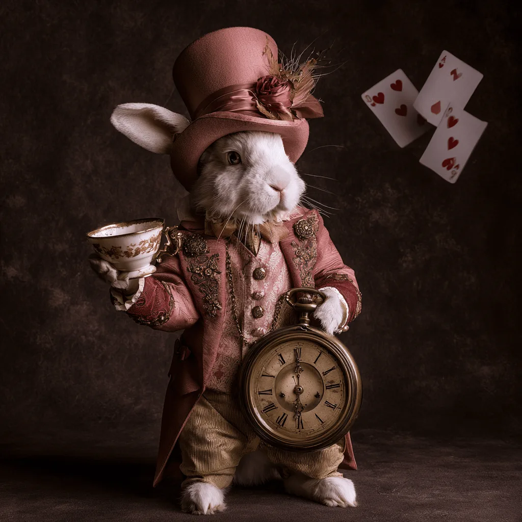 A white rabbit in a pink top hat holding a teacup and a pocket watch