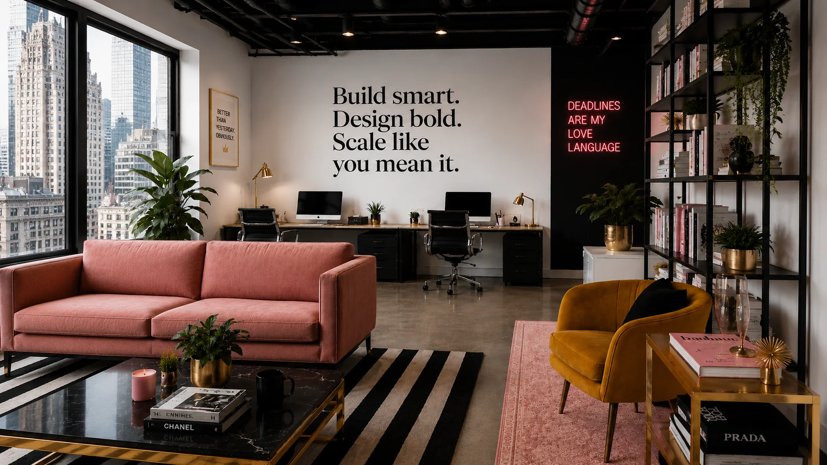 The Sway Rise Creative studio in Chicago, with design notes and a Deadlines are my love language neon sign