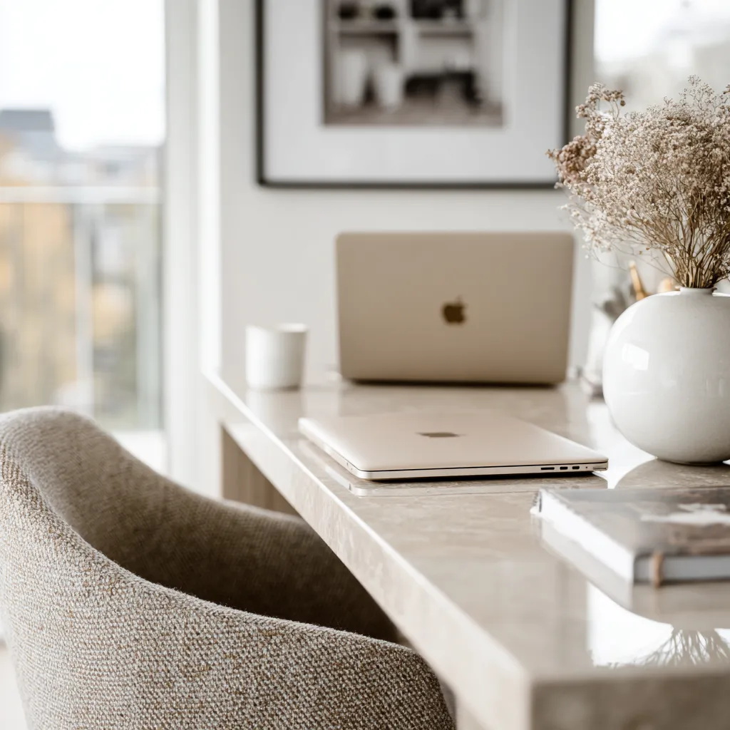 A laptop on a marble desk beside dried florals