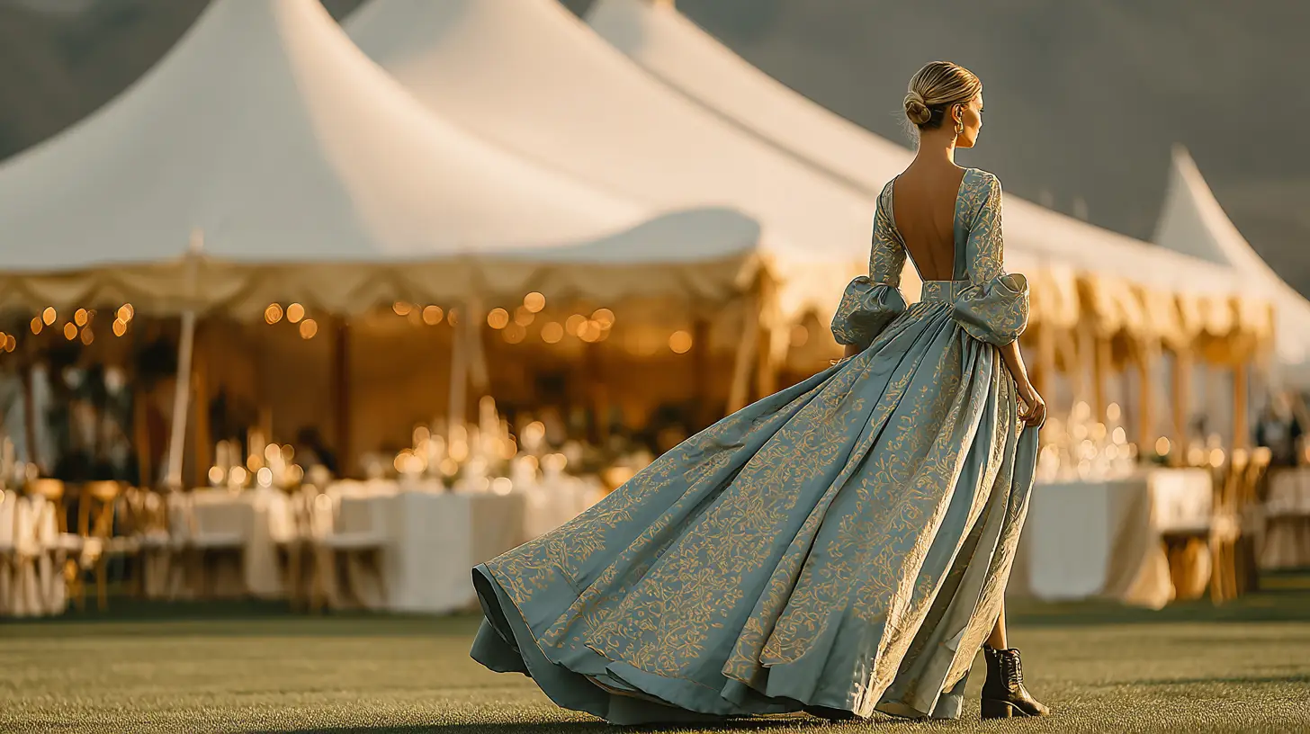 A blue gown and combat boots walking toward glowing reception tents