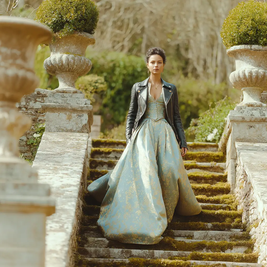 A bride in a pale blue brocade gown and black leather jacket walking down mossy garden stairs