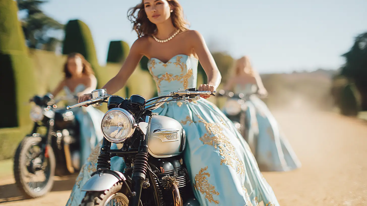 Brides in embroidered ball gowns riding motorcycles down a dusty lane