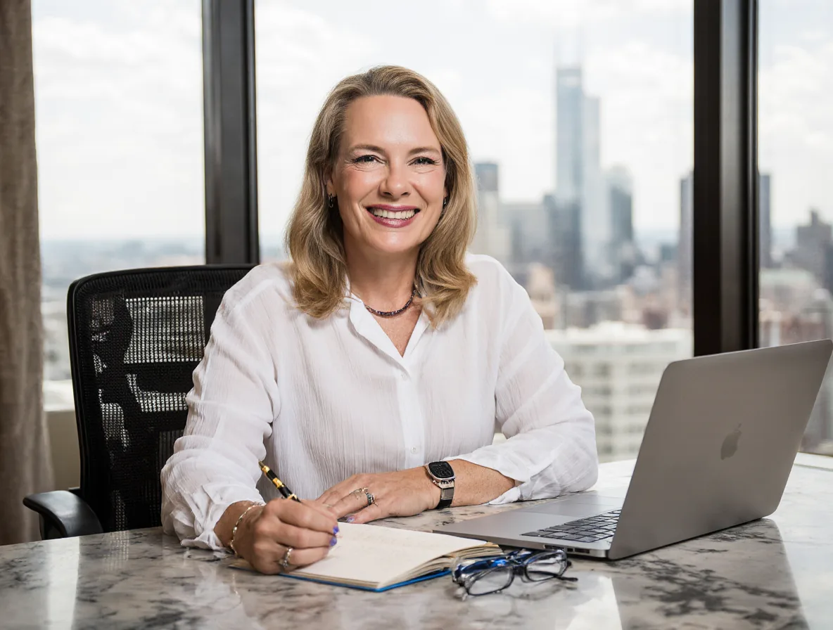 Viveka von Rosen at a marble desk above a city skyline