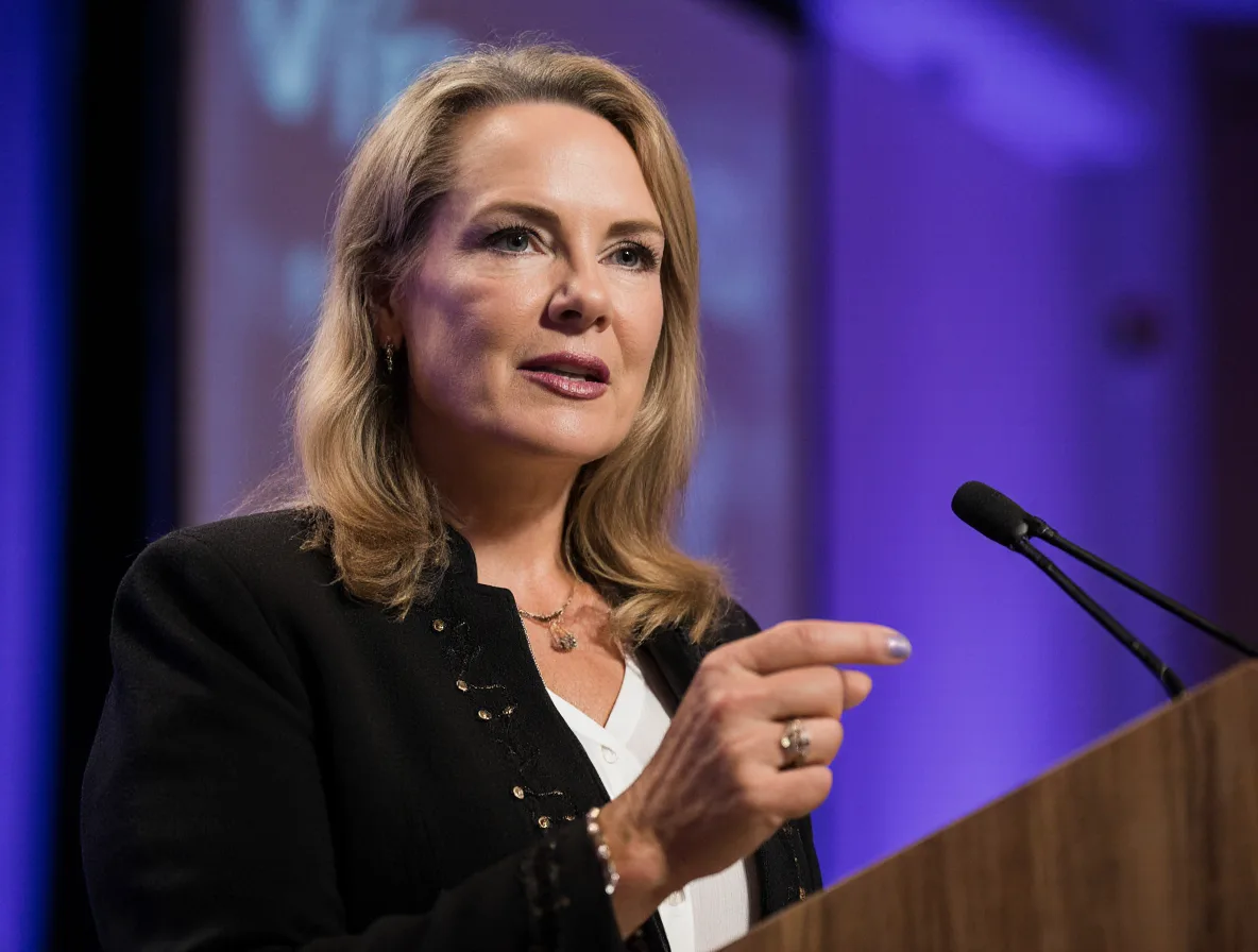 Viveka von Rosen speaking at a podium under purple stage light