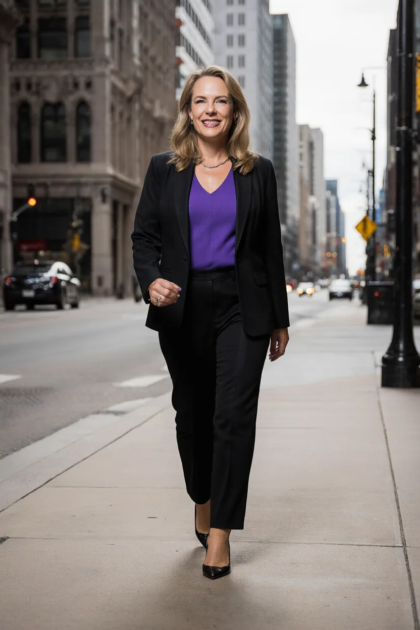 Viveka von Rosen walking a city street in a black suit and purple top