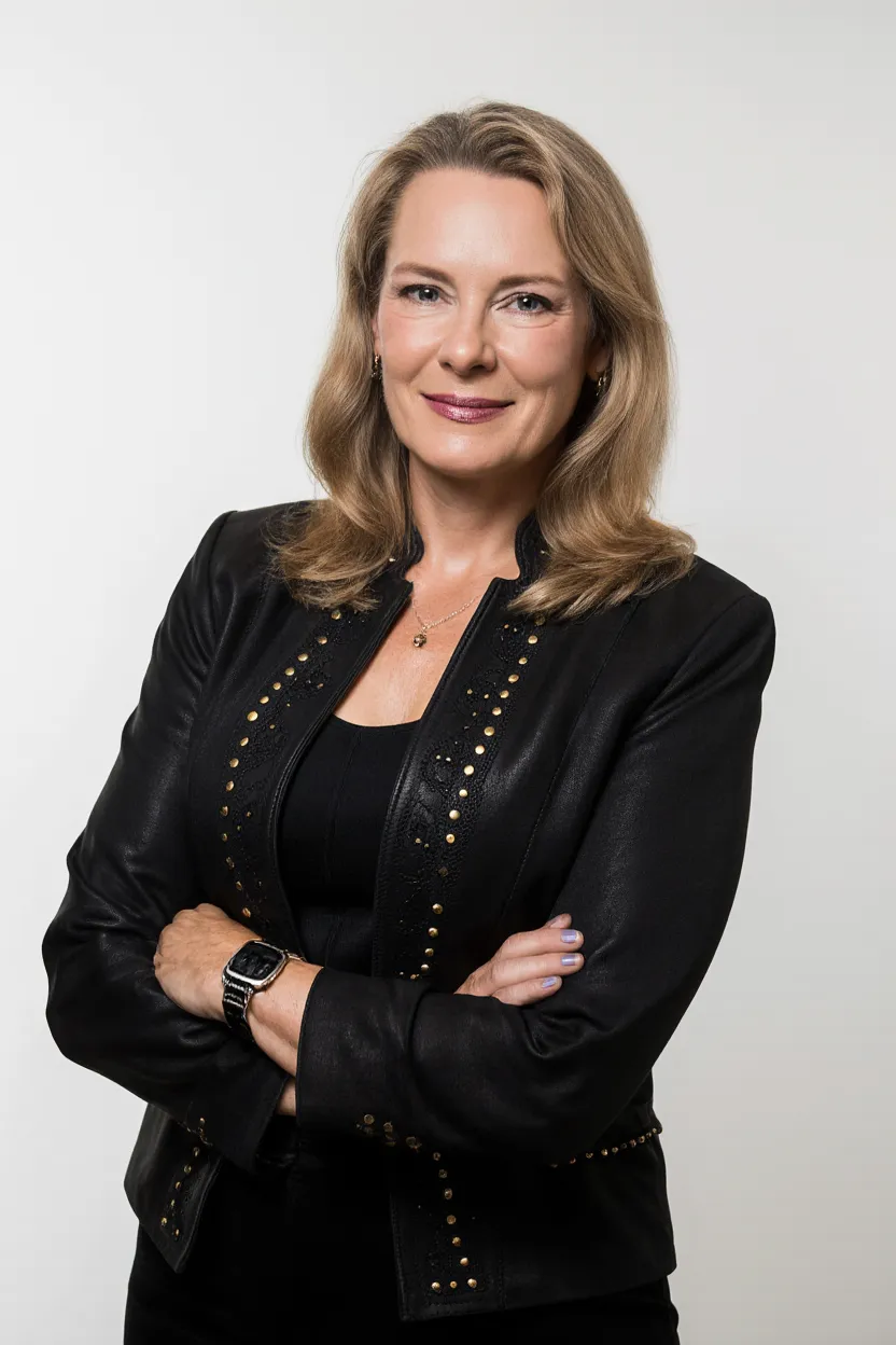 Viveka von Rosen with arms crossed in a studded black jacket against a white studio backdrop