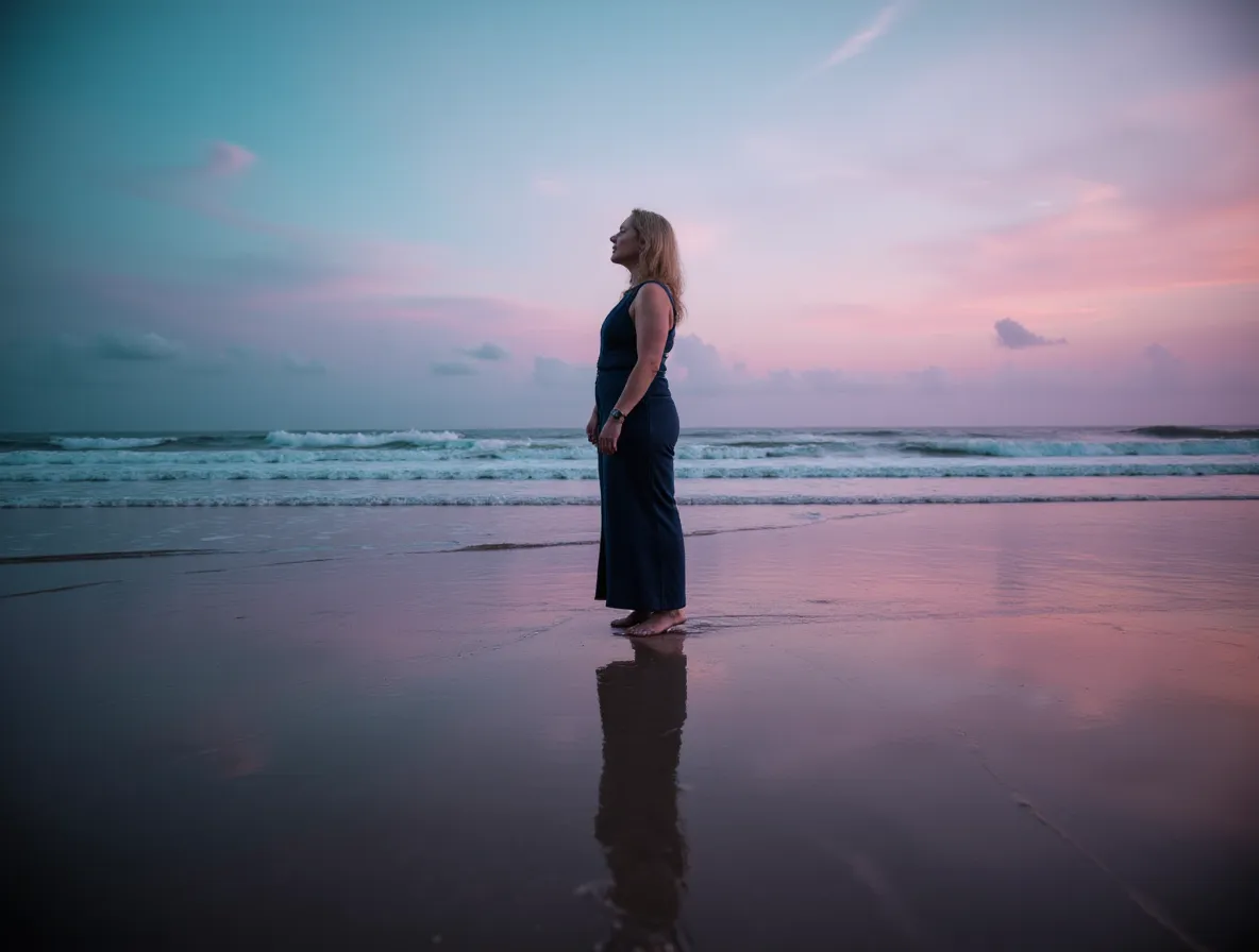 Viveka von Rosen in silhouette on a beach at pink dusk