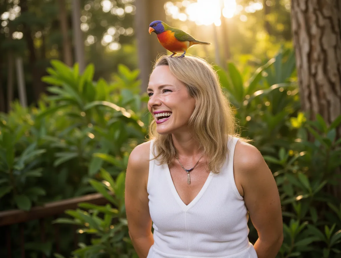 Viveka von Rosen laughing in golden light with a lorikeet perched on her head