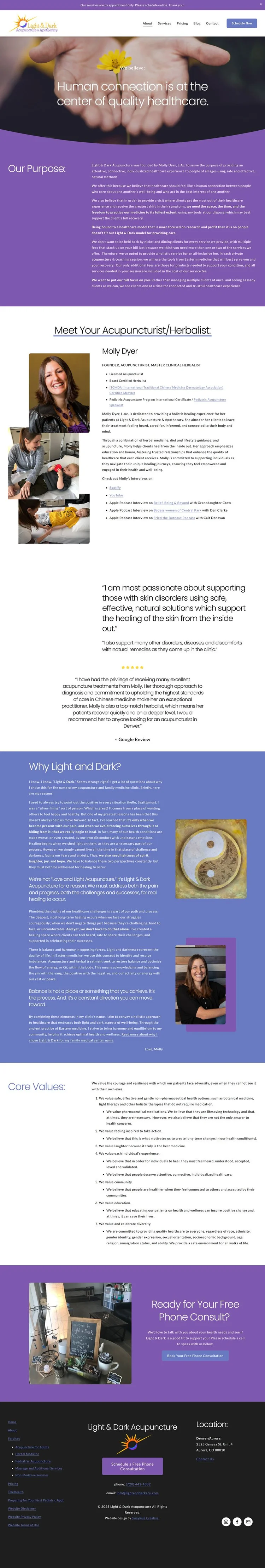 Light & Dark Acupuncture, the About the practitioner page, full layout