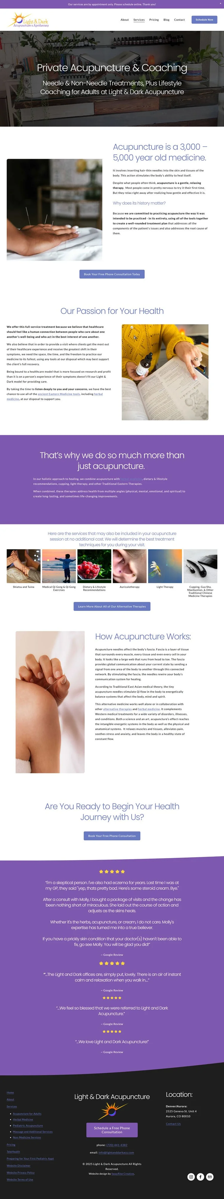 Light & Dark Acupuncture, the Acupuncture & services page, full layout